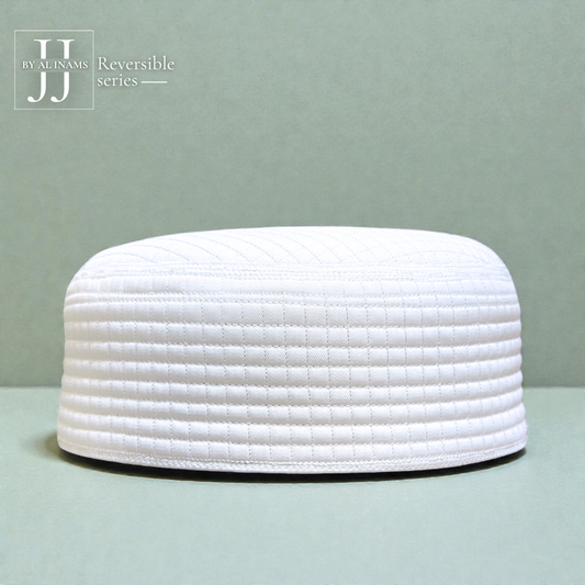 White A23 JJ reversible Islamic prayer cap by AL INAM CAP HOUSE, front view highlighting neat embroidery and premium cotton fabric