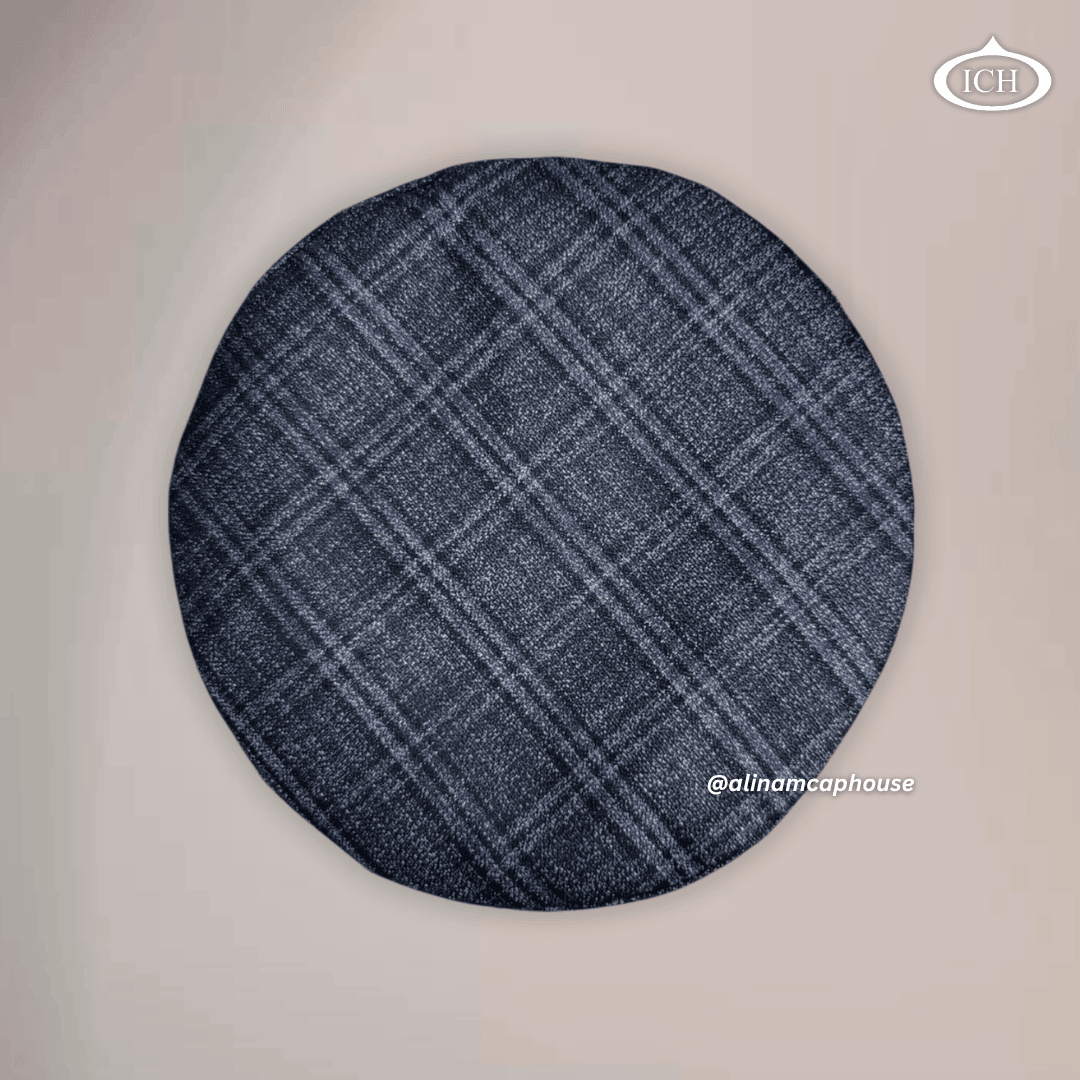 grey Islamic Afghani topi, circular top view, smooth texture, prayer cap