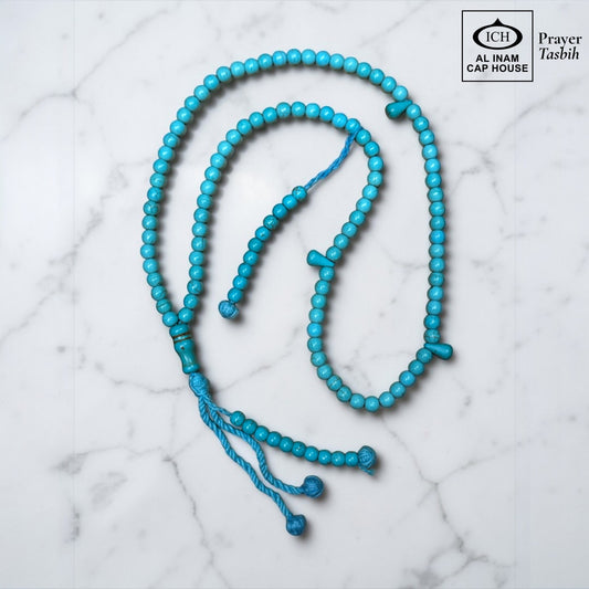 AL INAM CAP HOUSE blue Firoza (Turquoise) prayer beads tasbih with metallic tassel, ideal for Islamic dhikr and duas.