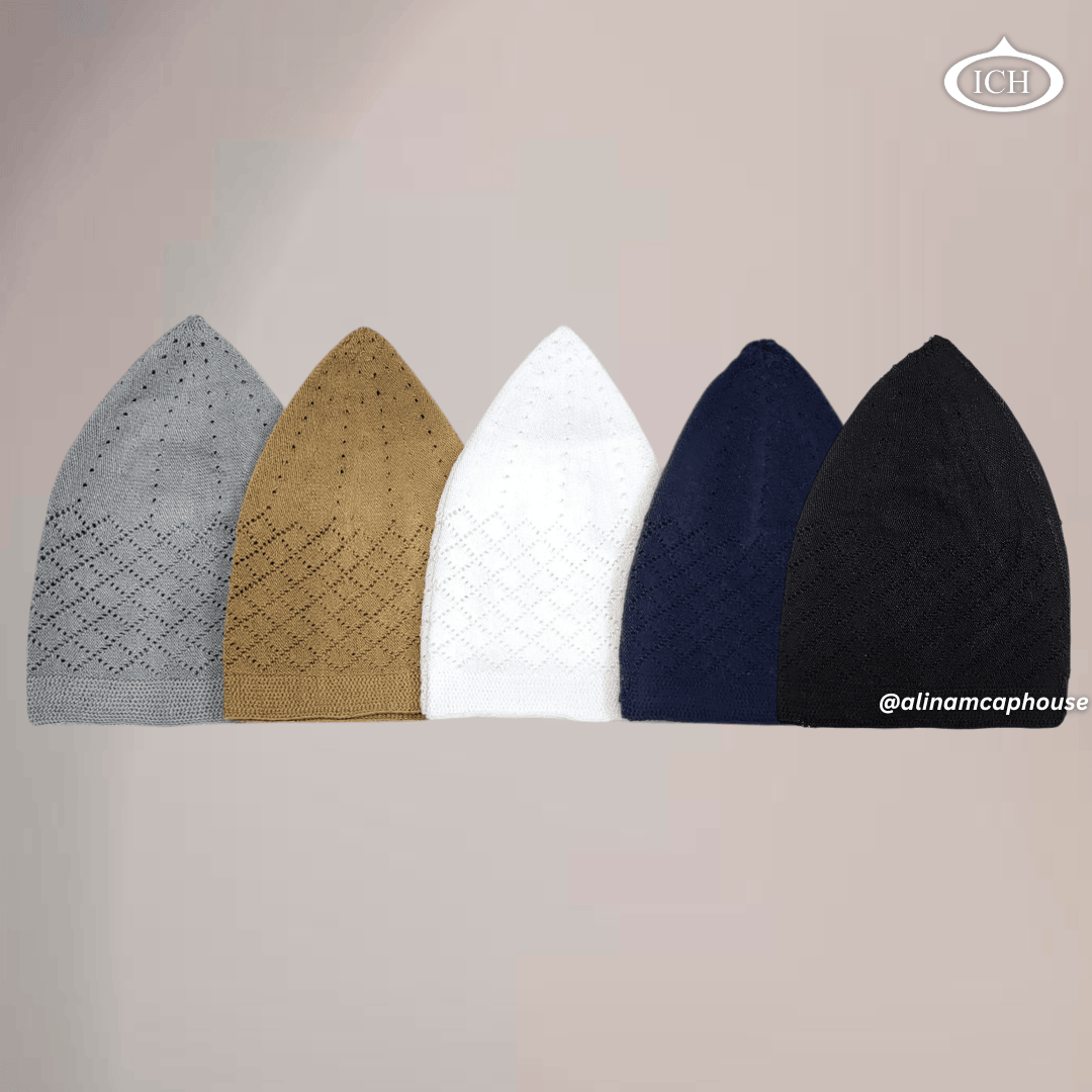 N06 Islamic prayer cap, snug fit, elegant detail, AL INAM CAP HOUSE