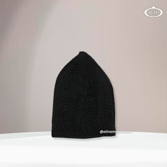 N07 black, Islamic prayer cap, side view, snug fit, detailed stitching, AL INAM CAP HOUSE
