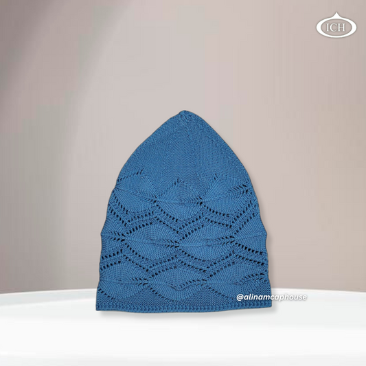 N13 blue Turkish knitted cap, Islamic prayer cap, side view, snug fit, detailed knitting, AL INAM CAP HOUSE