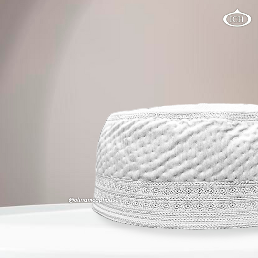 Al Inam Cap white (8 cm), Muslim kufi prayer cap, side view, comfortable fit, AL INAM CAP HOUSE