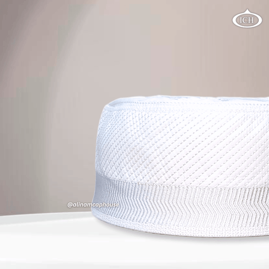 Al Inam Cap white, Muslim kufi prayer cap, side view, comfortable fit, AL INAM CAP HOUSE