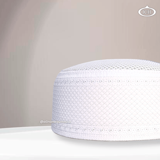 AL INAM CAP white, Muslim kufi prayer cap, side view, comfortable fit, AL INAM CAP HOUSE