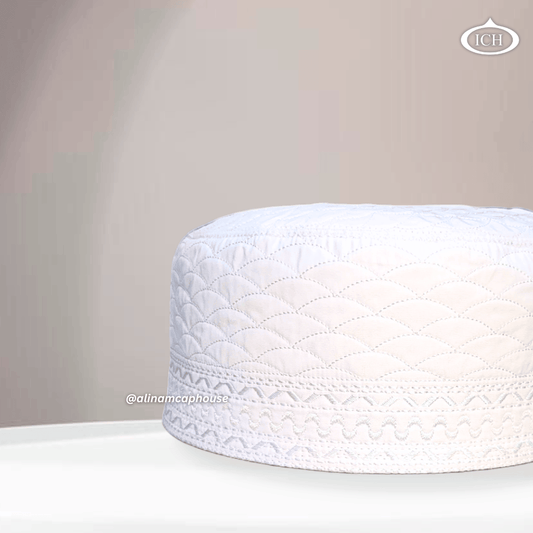 AL INAM CAP white, Muslim kufi prayer cap, side view, comfortable fit, AL INAM CAP HOUSE