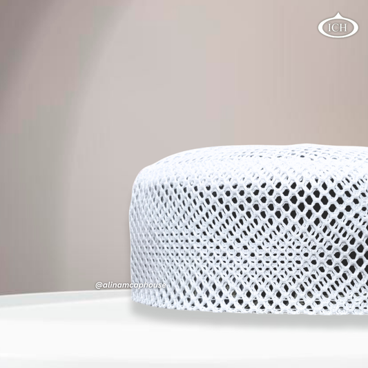 Al Inam Cap white (net), Muslim kufi prayer cap, side view, comfortable fit, AL INAM CAP HOUSE