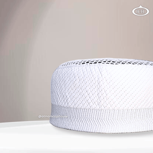 AL INAM CAP white, Muslim kufi prayer cap side view, comfortable fit, AL INAM CAP HOUSE