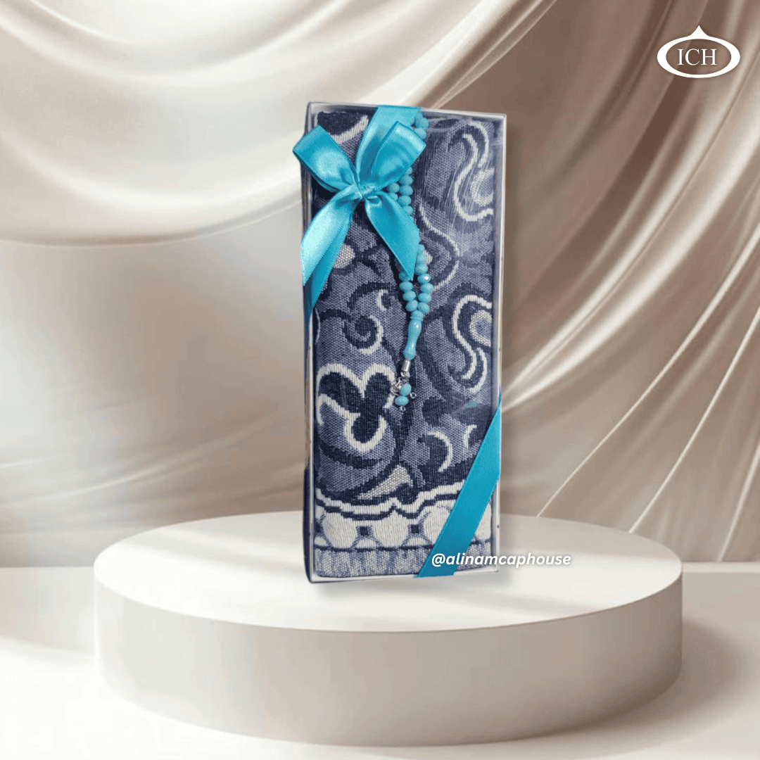 Premium Eid Gift Bundle ICH-0000-E15 by Al Inam Cap House – luxury prayer rug and high-quality tasbih set crafted for spiritual comfort and thoughtful gifting.