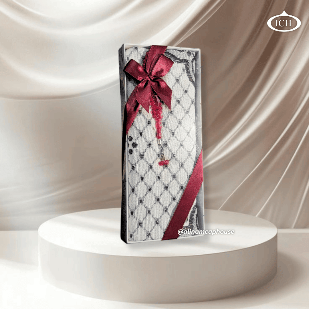 Premium Eid gifting set ICH-0000-E16 by Al Inam Cap House – elegant cushioned prayer rug paired with high-quality tasbih for spiritual reflection and celebration.