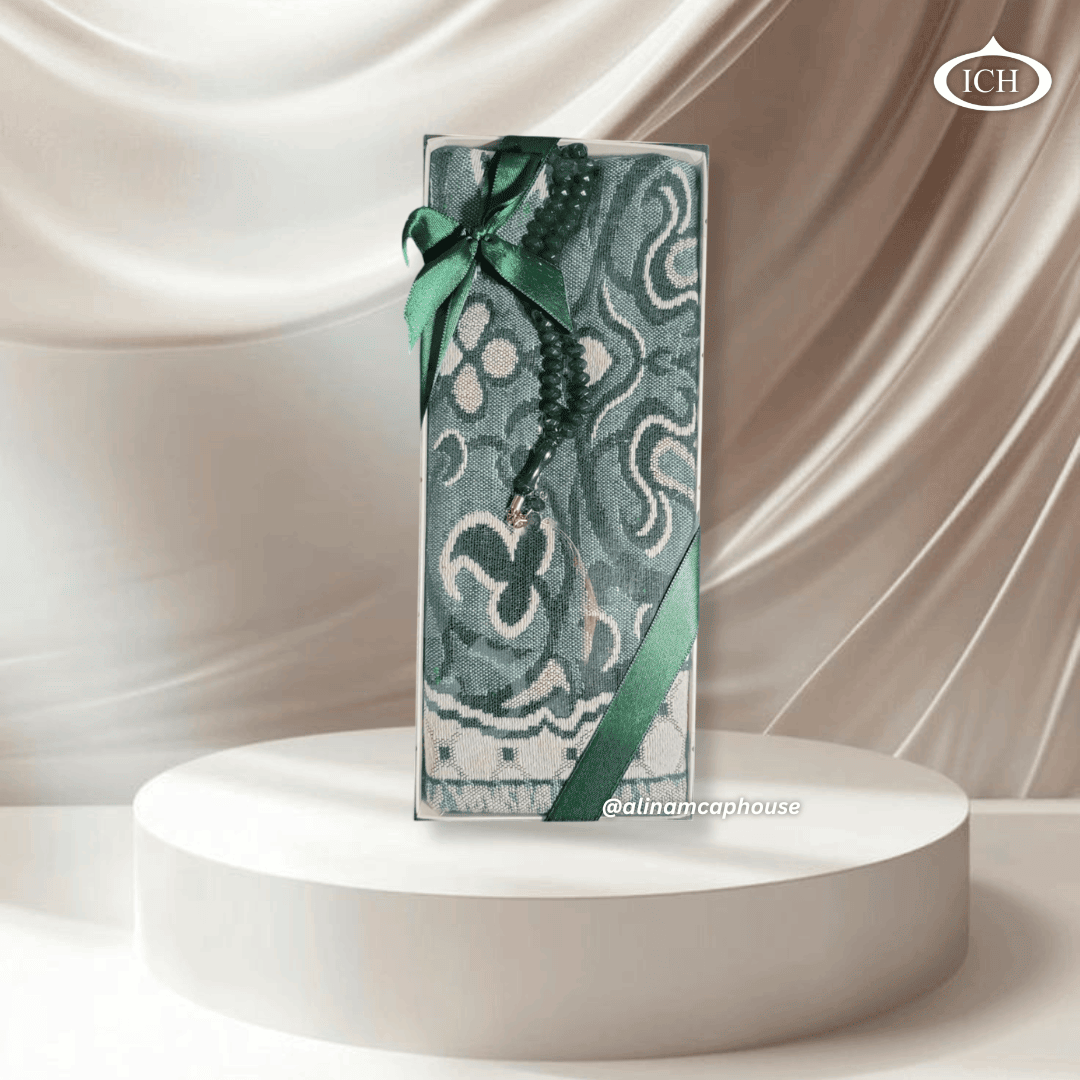 Premium Eid gift bundle ICH-0000-E14 by Al Inam – soft cushioned prayer rug with intricate pattern plus smooth prayer beads for spiritual reflection and celebration.