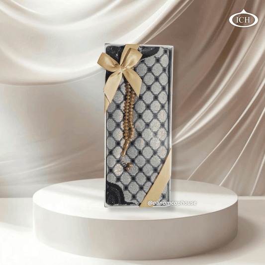 Luxury Eid gift set ICH-0000-E17 by Al Inam – elegant prayer rug paired with high-quality prayer beads, ideal for spiritual gifting during Eid.
