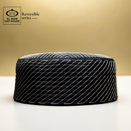 AL INAM ICH reversible Islamic prayer cap black and golden – premium Muslim skull cap with elegant pattern for salah, masjid, and daily wear.