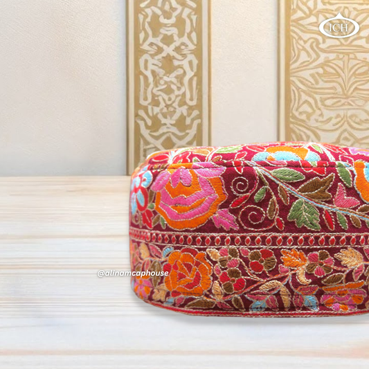Al Inam Kashmiri Cap ICH-0001-K05 side view – elegant Kashmiri style Muslim prayer topi, detailed floral threadwork on breathable fabric, perfect for daily salah aur Eid wear.