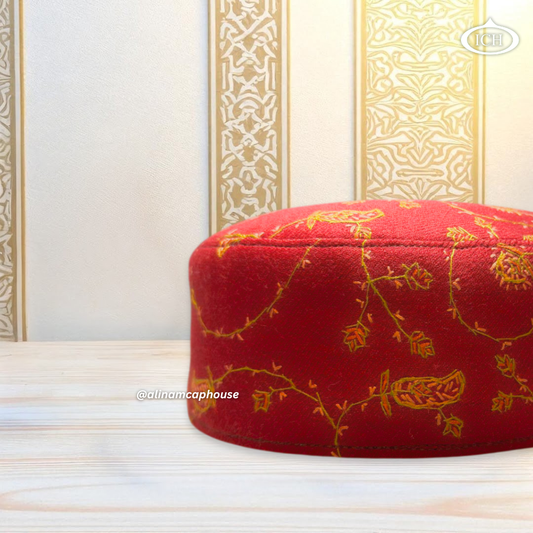 Al Inam Kashmiri Cap ICH-0002-K02 side view – stylish handcrafted Islamic prayer topi, detailed Kashmiri embroidery design, ideal for salah, Eid, and Ramadan wear.