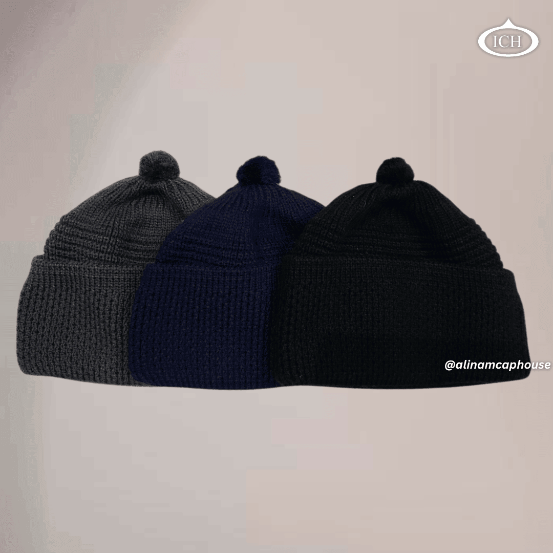 Three knitted Islamic caps together in black, blue, and grey, soft breathable cotton fabric, elegant textured design, premium Muslim prayer topis, AL INAM CAP HOUSE