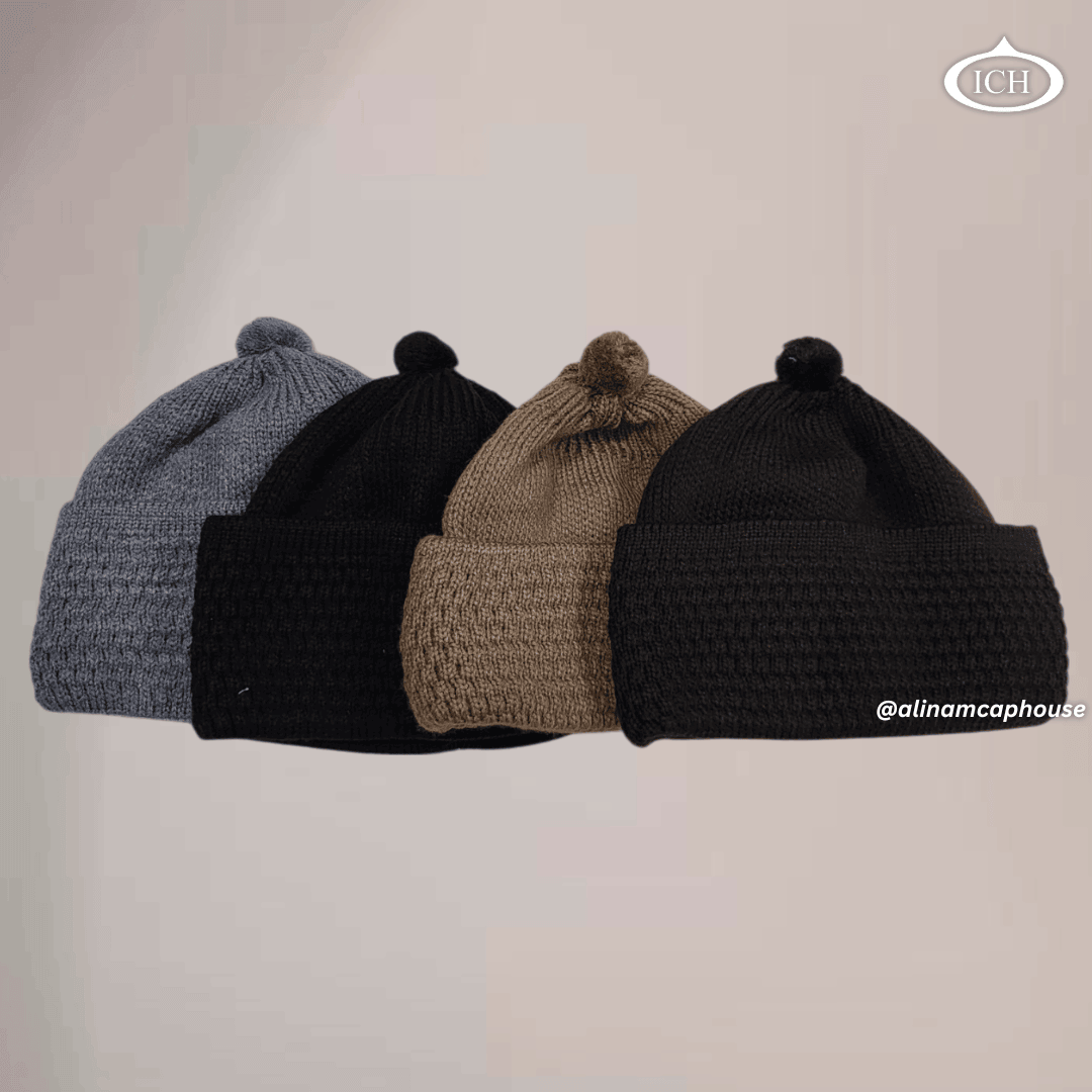 Four knitted Islamic caps together in black, light brown, dark brown, and grey, soft breathable cotton fabric, elegant textured design, premium Muslim prayer topis, AL INAM CAP HOUSE