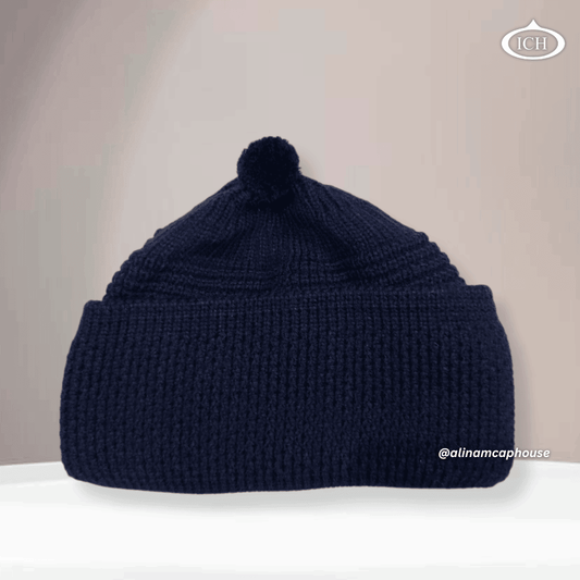 Blue knitted Islamic prayer cap, breathable cotton topi, stylish textured design, premium handcrafted Muslim headwear, AL INAM CAP HOUSE