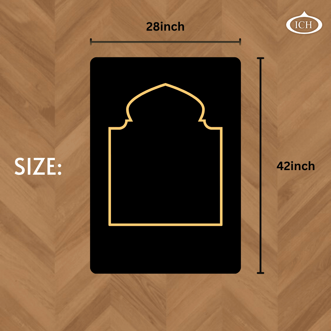 Muslim prayer mat size chart, Islamic prayer rug dimensions, janamaz measurement guide, length 42 inches width 28 inches, size reference image for Al Inam prayer mat, AL INAM CAP HOUSE