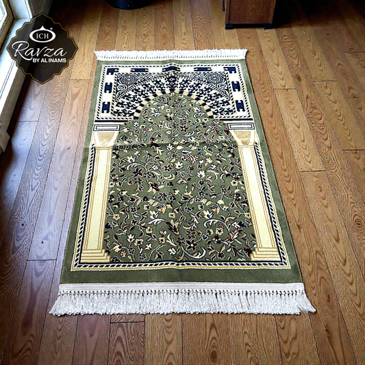 Top view of Al Inam Rawda Islamic prayer mat featuring Ravza and Riyaz-ul-Jannah inspired design, Madinah carpet style musallah made with premium soft fabric for comfortable prayer
