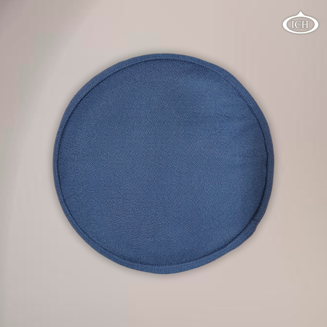 Al Inam Signature Islamic Prayer Cap blue, top view, elegant handcrafted detail, AL INAM CAP HOUSE