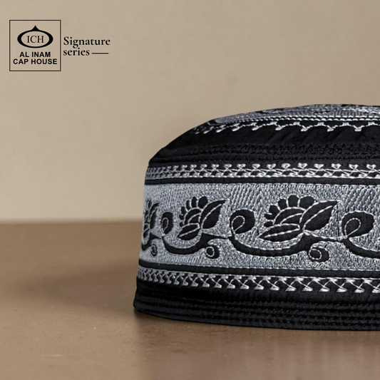 Side view of AL INAM Black and White Musqati Islamic Prayer Cap highlighting clean stitching, structured fit and lightweight breathable material suitable for masjid and everyday use.