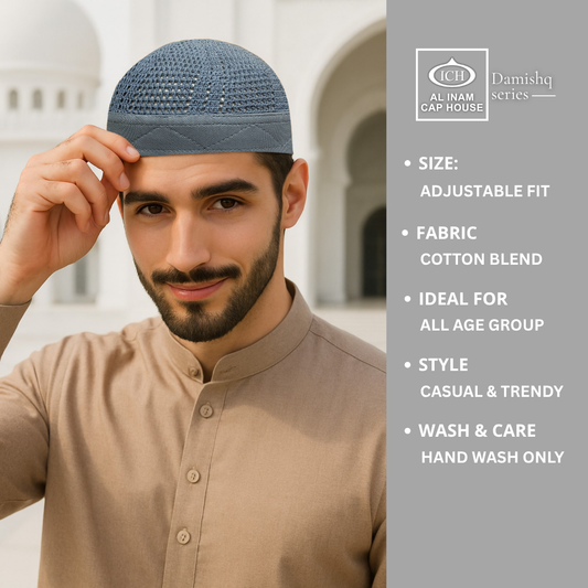 Model view of AL INAM Damishk Islamic Knitted Cap showing stylish kufi cap fitting and lightweight comfortable wear.
