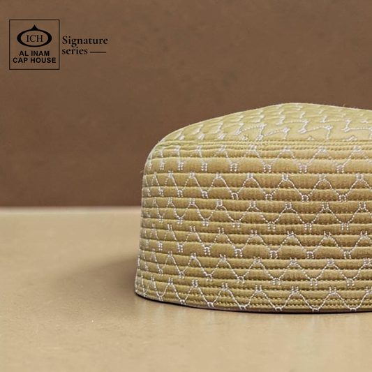 Side angle view of AL INAM Islamic Prayer Cap showing structured shape, smooth stitching, breathable cotton material and comfortable skull cap fit for everyday Islamic use.