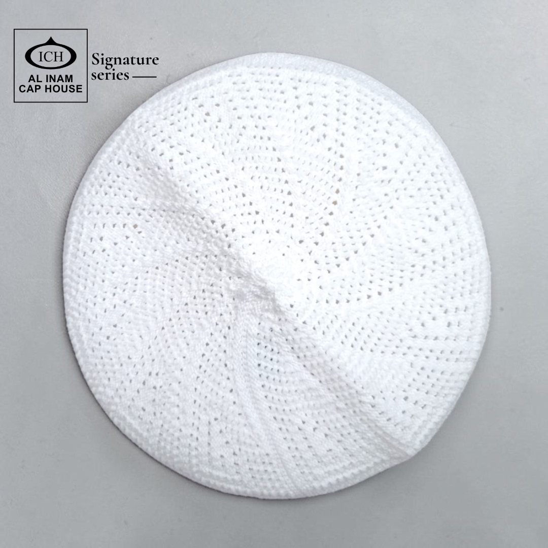 Top view of AL INAM White Islamic Prayer Cap featuring clean textured pattern, breathable cotton fabric and lightweight skull cap comfort.