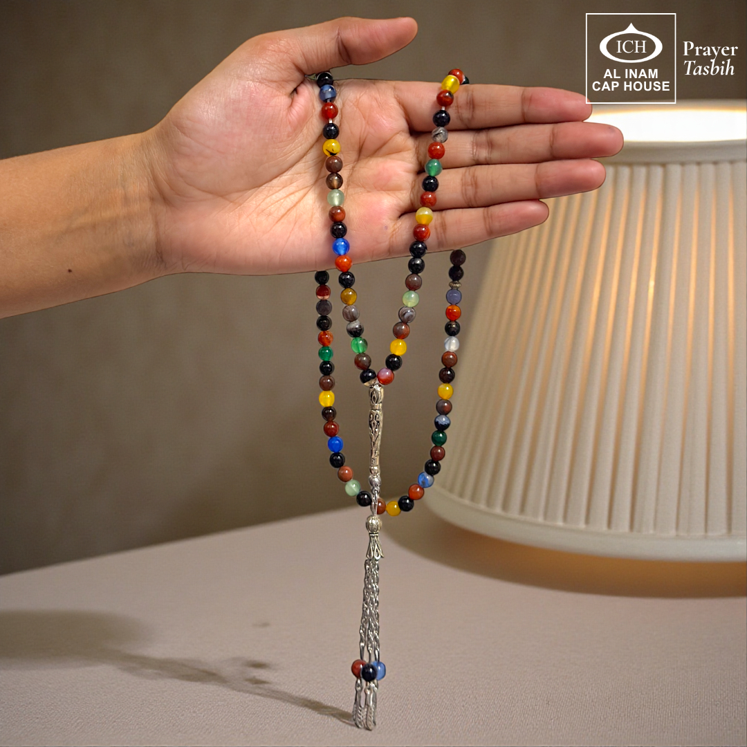 Handheld display angle of AL INAM AQEEQ Islamic Tasbih showing comfortable grip, lightweight balanced bead arrangement and durable craftsmanship for daily tasbeeh recitation and duas.