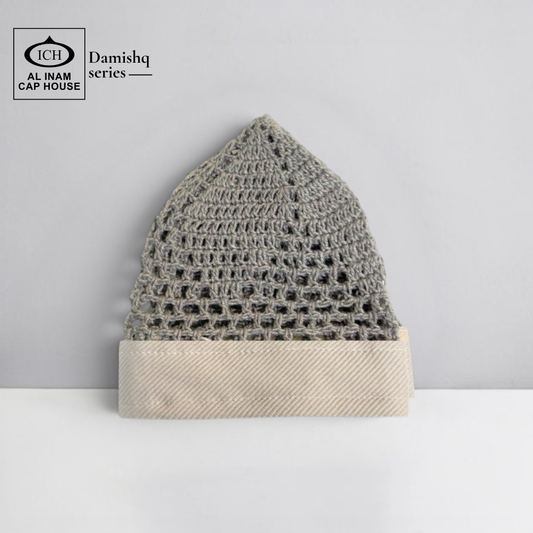 Front view of ICH Damishq Ash Grey Islamic Knitted Cap ICH-0000-N17 showcasing detailed knitted pattern, breathable construction, comfortable fit and premium Muslim prayer cap for namaz, Jummah, Eid and daily wear.