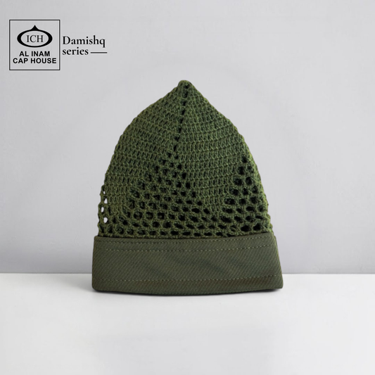 Front view of ICH Damishq Green Islamic Knitted Cap ICH-0000-N17 showcasing detailed knitted pattern, breathable construction, comfortable fit and premium Muslim prayer cap for namaz, Jummah, Eid and daily wear.