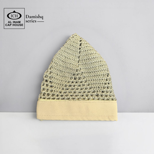 Front view of ICH Damishq Khaki Islamic Knitted Cap ICH-0000-N17 showcasing detailed knitted pattern, breathable construction, comfortable fit and premium Muslim prayer cap for namaz, Jummah, Eid and daily wear.