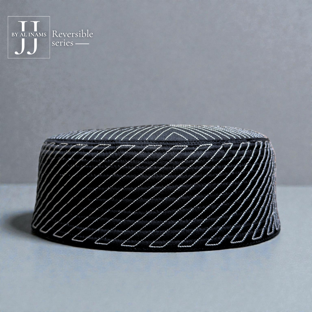 AL INAM CAP HOUSE A18 JJ style reversible Islamic prayer cap in black, side view showing premium embroidered stitching and fine finish