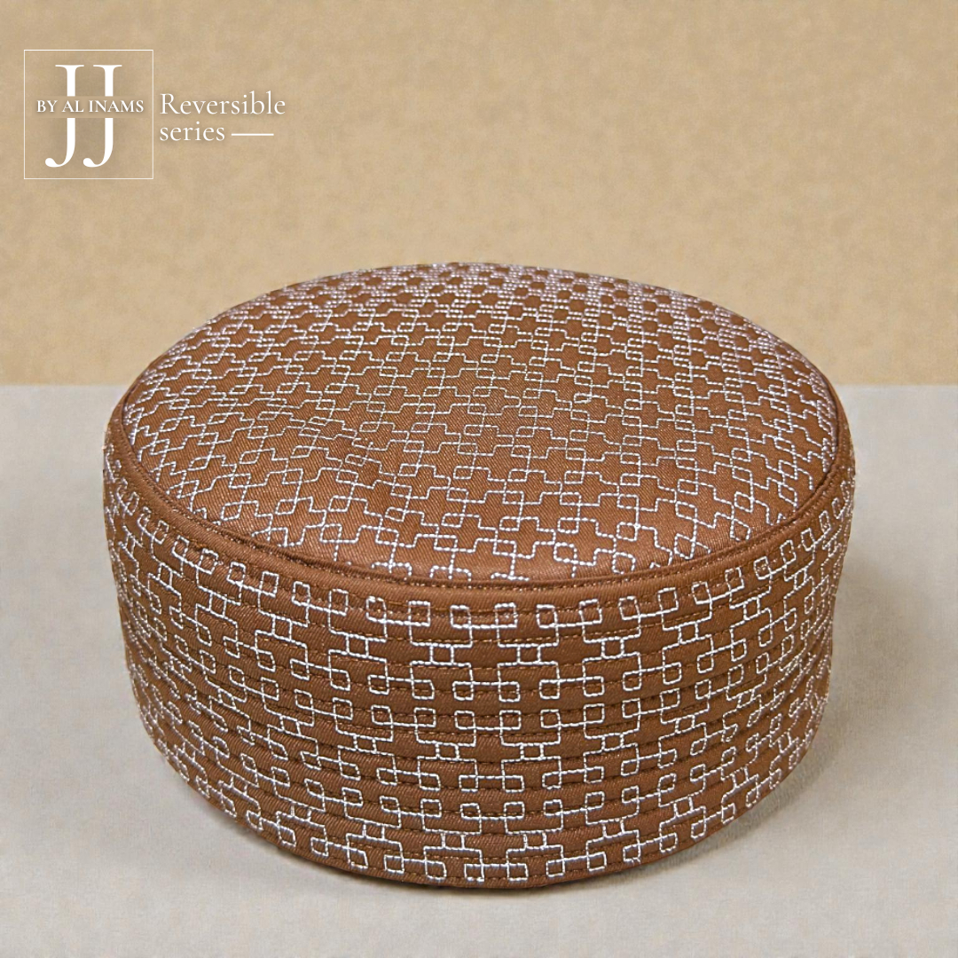AL INAM CAP HOUSE A21 JJ style reversible brown namazi topi, angled view highlighting fine stitching details and refined Islamic design