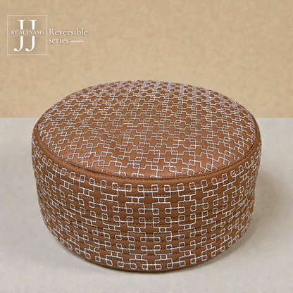 AL INAM CAP HOUSE A21 JJ style reversible brown namazi topi, angled view highlighting fine stitching details and refined Islamic design