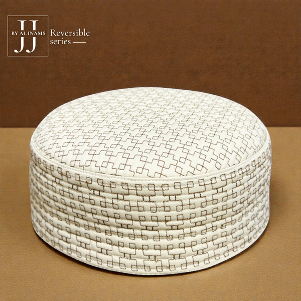 AL INAM CAP HOUSE A21 JJ style reversible off white namazi topi, angled view highlighting detailed stitching and refined Islamic design