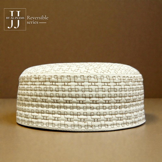 AL INAM CAP HOUSE A21 JJ style reversible Islamic prayer cap in off white, front view showcasing elegant embroidered pattern and premium finish