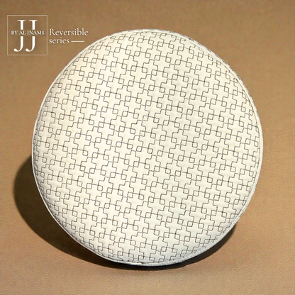 AL INAM CAP HOUSE A21 JJ style reversible Islamic prayer cap, top view displaying circular geometric embroidery in premium off white fabric