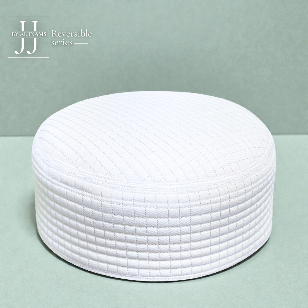 AL INAM CAP HOUSE A23 JJ style white reversible namaz cap, angled view showing refined stitching and well-defined shape
