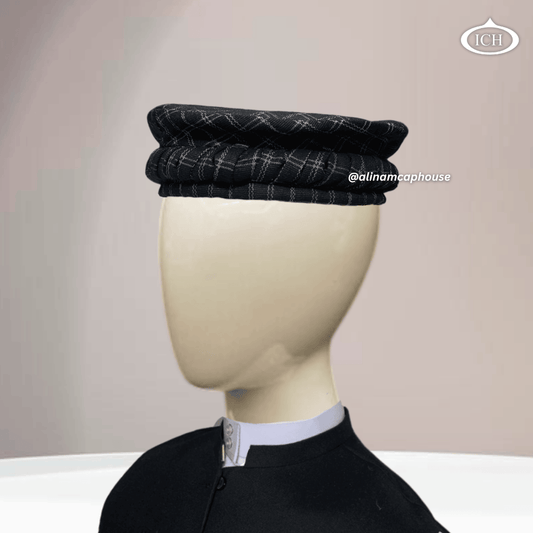 black Afghani cap angled, rich texture, classic Islamic headwear