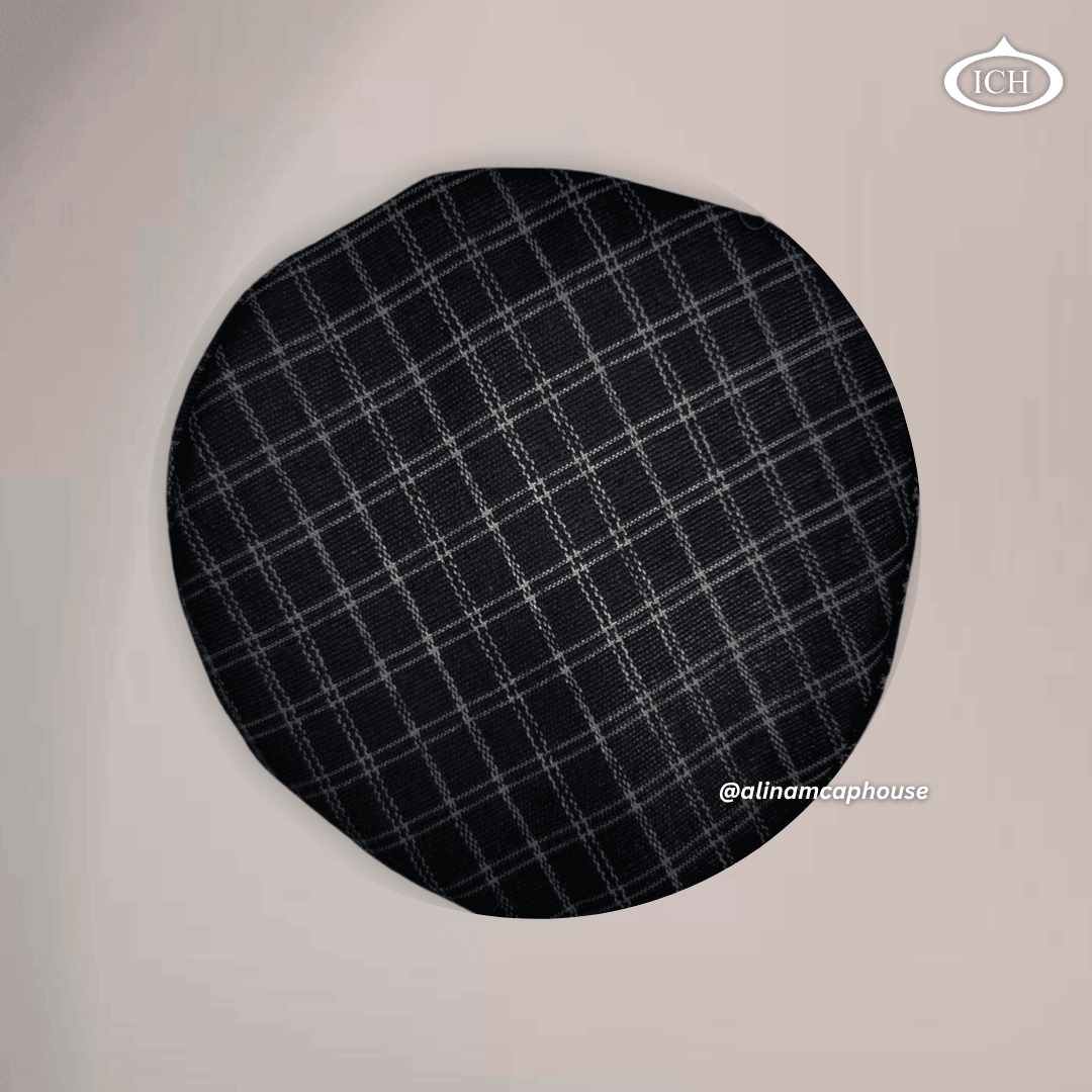 black Islamic Afghani topi, circular top view, refined texture, prayer cap