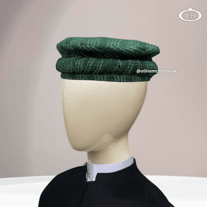green Afghani cap angled, distinct texture, elegant Islamic headwear