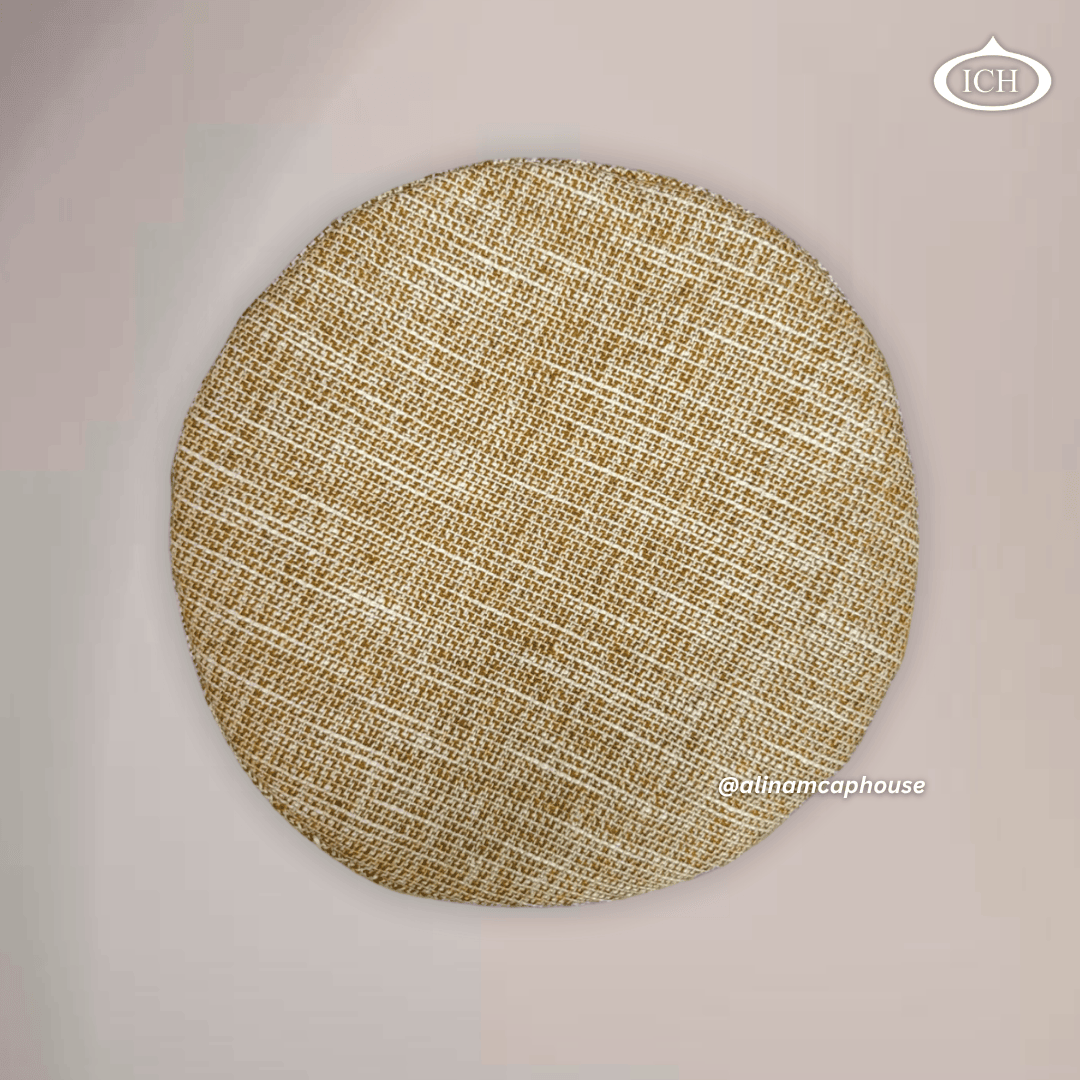 light brown Islamic Afghani topi, circular view, textured design, prayer cap for men