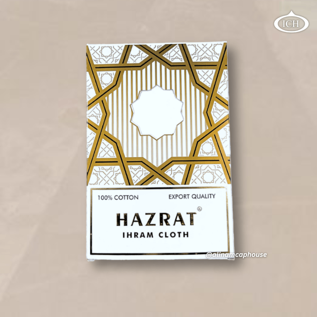 46x92 in elegant white packaging with gold geometric design, highlighting premium cotton quality for Hajj and Umrah pilgrims."