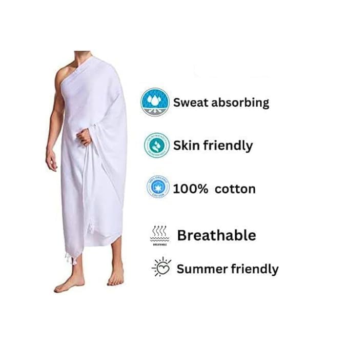 Side view of AL INAM AHRAM 46x92 on a male model, highlighting lightweight, travel-friendly design and traditional Islamic attire