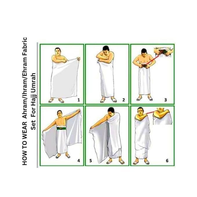 Step-by-step illustration showing how to properly wear the AL INAM AHRAM 46x92 for Hajj and Umrah rituals