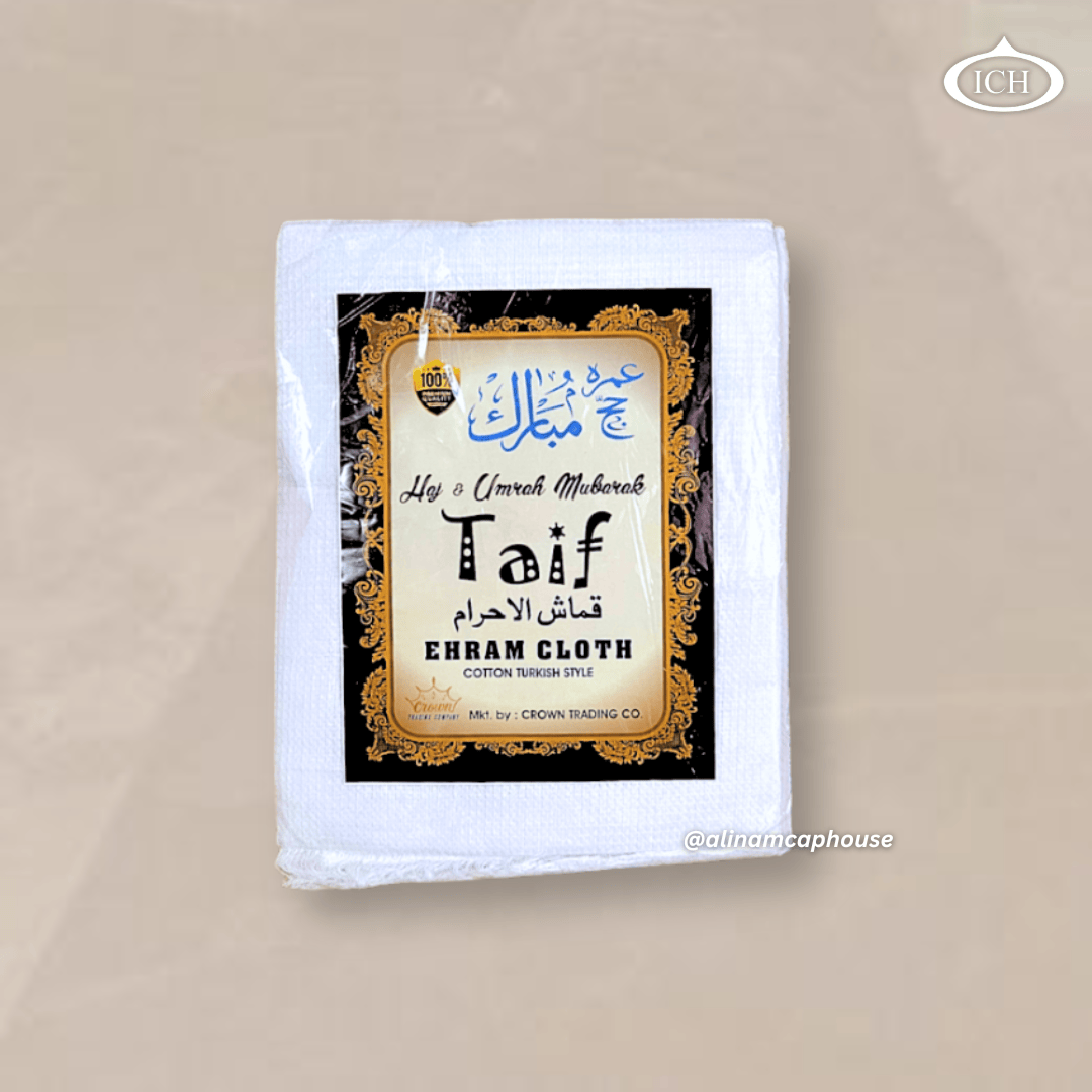 48x92 Taif ihram cloth front pack view, premium white Hajj and Umrah ahram, soft breathable cotton fabric, AL INAM CAP HOUSE