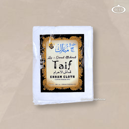 48x92 Taif ihram cloth front pack view, premium white Hajj and Umrah ahram, soft breathable cotton fabric, AL INAM CAP HOUSE