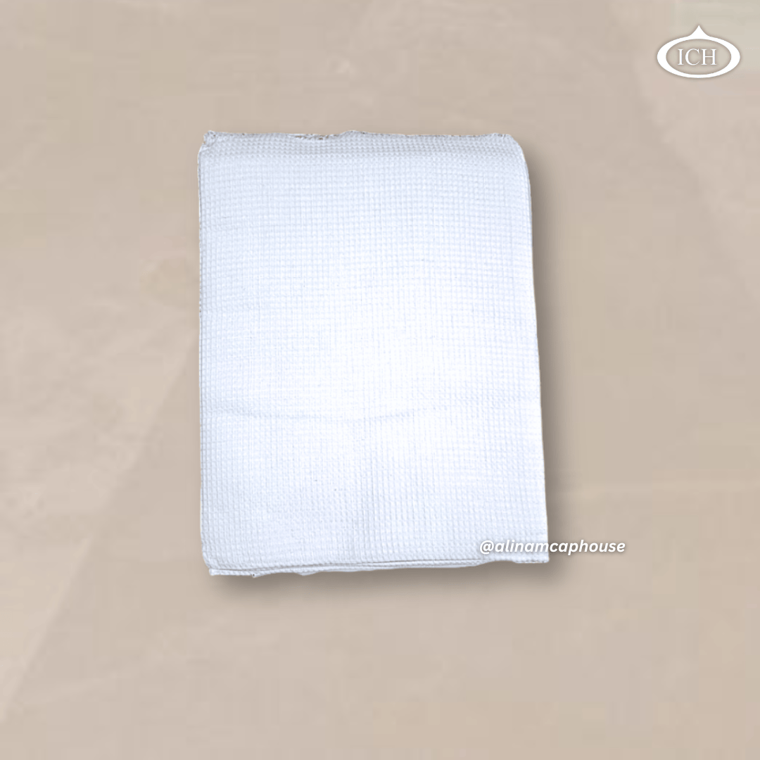 48x92 white ihram cloth folded top view, lightweight unstitched Hajj ahram fabric, soft and absorbent material, AL INAM CAP HOUSE